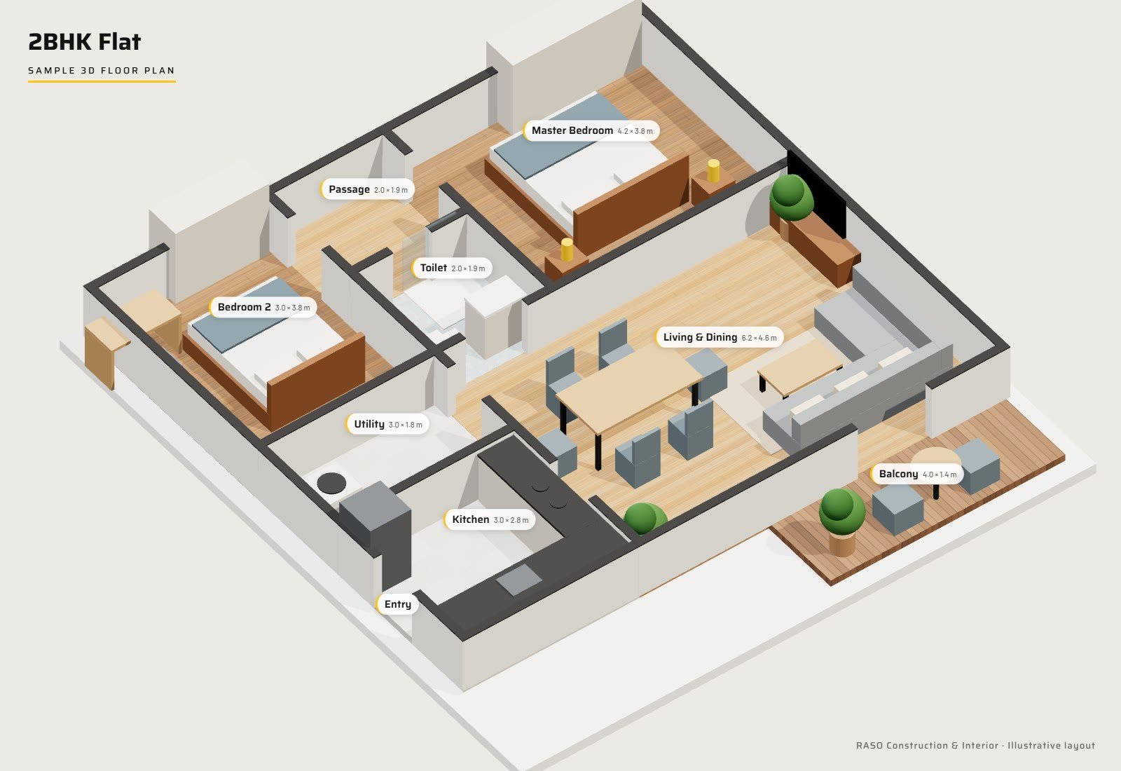 Sample 3D floor plan of a 2BHK flat